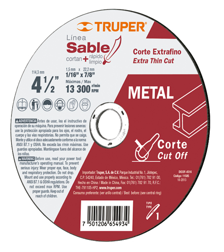 Truper Metal Cutting Wheels Extra Clean Cut High Perfomance Type 1