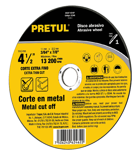 Metal cutting wheels, 4 1/2" Type 1 general purpose Pretul
