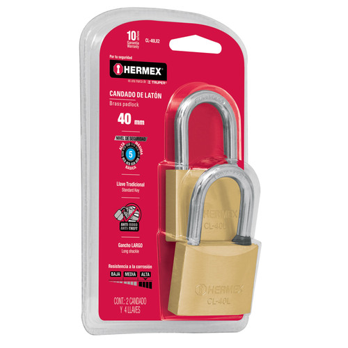 Hermex 43444 Twin Solid Brass Padlocks Long Shackle in Blister 1 9/16"