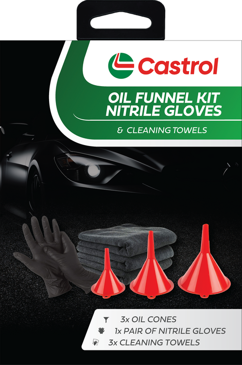 Castrol Auto Tools Oil Funnel W/Nitrile Gloves Microfiber Cleaning Towels 3 Pc