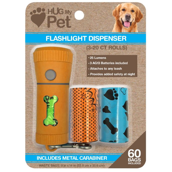 Hug my Pet Flashlight+Dispenser+Trash Bags Includes Metallic Carabiner