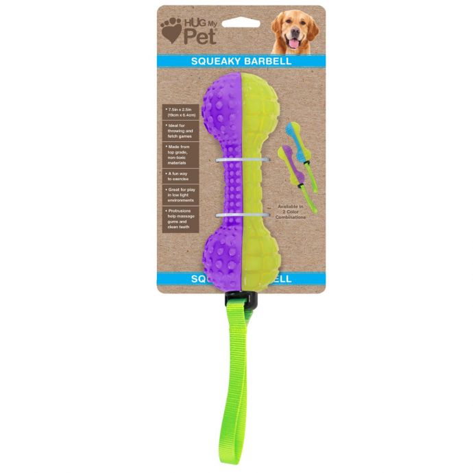 Hug my Pet Squeaky Barbell Dog Toy/W/Hang Tag 2-Two Tone Colors