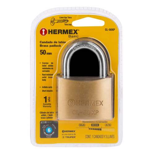Hermex Brass Padlock 50 mm tetra Key in Blister Pack